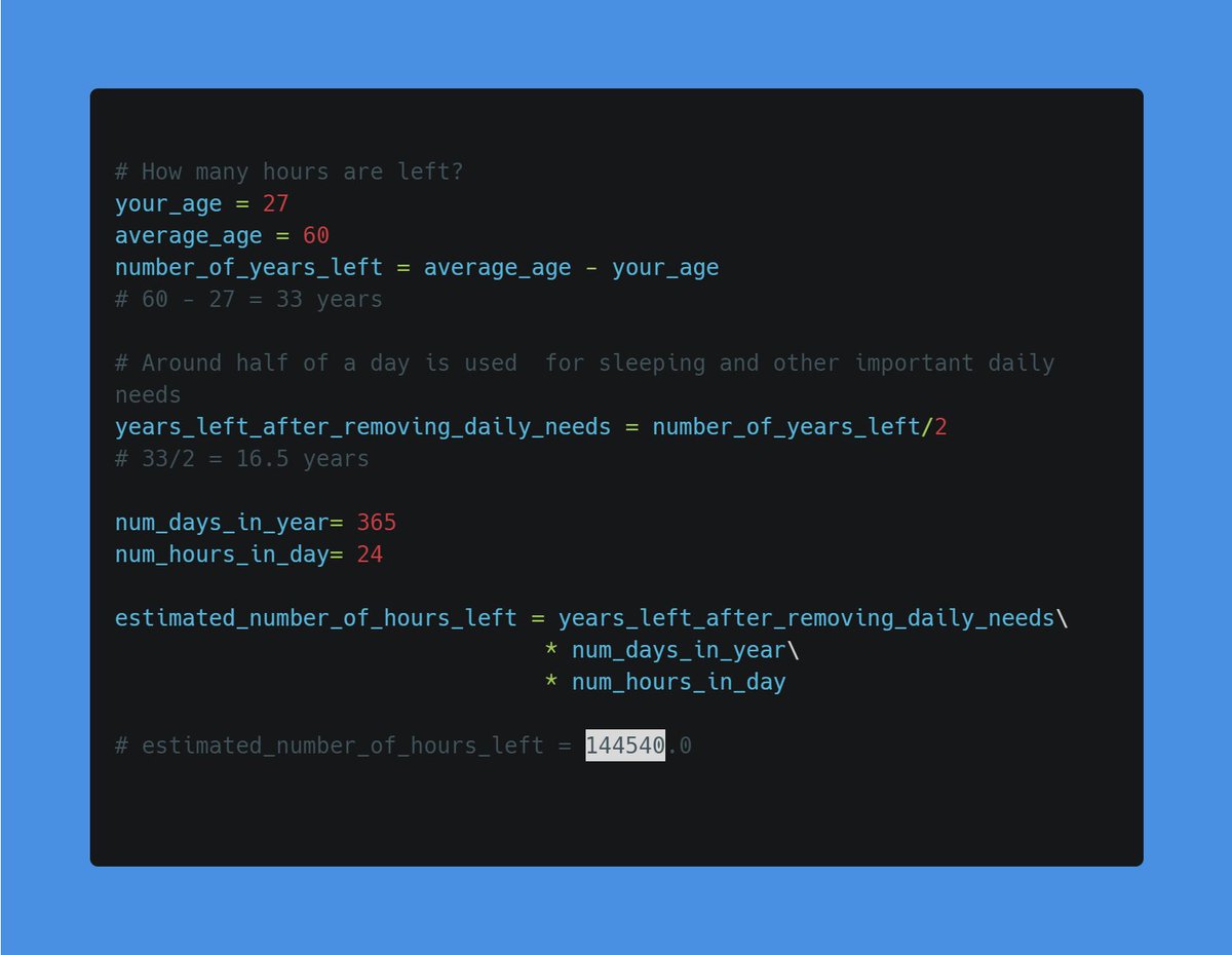 Pr0Grammer4U's tweet image. How many useful hours are left in your life?⌚️

Mine are 1,44,540 hours only.

Find out yours and comment below:👇