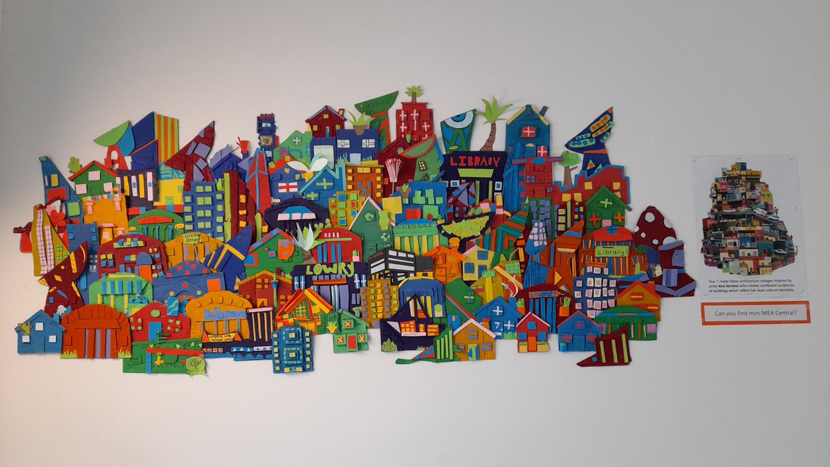 Display of Ana Serrano inspired architecture collages by last years Year 7's featuring a mini @MEACentral building hidden amongst their wild colourful creations.