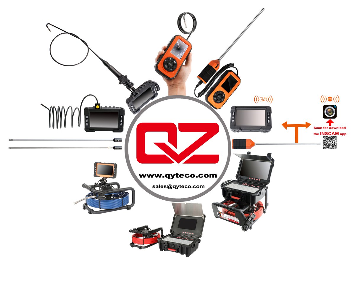 One picture to know what we make. We are specialized in industrial endoscopes, not just the sewer drain pipe inspection cameras, but also the cavity wall side view rigid camera, articulating borescopes, portable videoscopes, snake camera, barrel borecopes and dual lens camera.