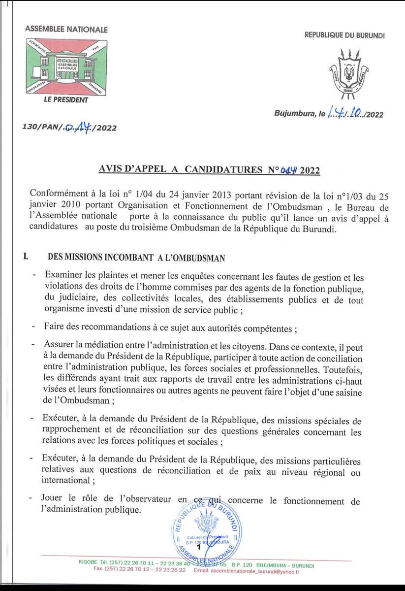nshingamateka's tweet photo. Conformément à la loi n° 1/04 du 24 janvier 2013 portant révision de la loi n°1/03 du 25 janvier 2010 portant Organisation et Fonctionnement de l'Ombudsman, l'@nshingamateka porte à la connaissance du public qu’il lance un avis d’appel à candidatures au poste de l' @OmbudsmanBI https://t.co/gyqqeAj7S8