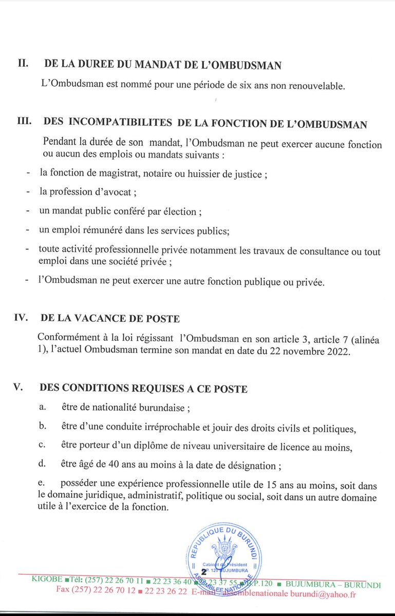 nshingamateka's tweet photo. Conformément à la loi n° 1/04 du 24 janvier 2013 portant révision de la loi n°1/03 du 25 janvier 2010 portant Organisation et Fonctionnement de l'Ombudsman, l'@nshingamateka porte à la connaissance du public qu’il lance un avis d’appel à candidatures au poste de l' @OmbudsmanBI https://t.co/gyqqeAj7S8