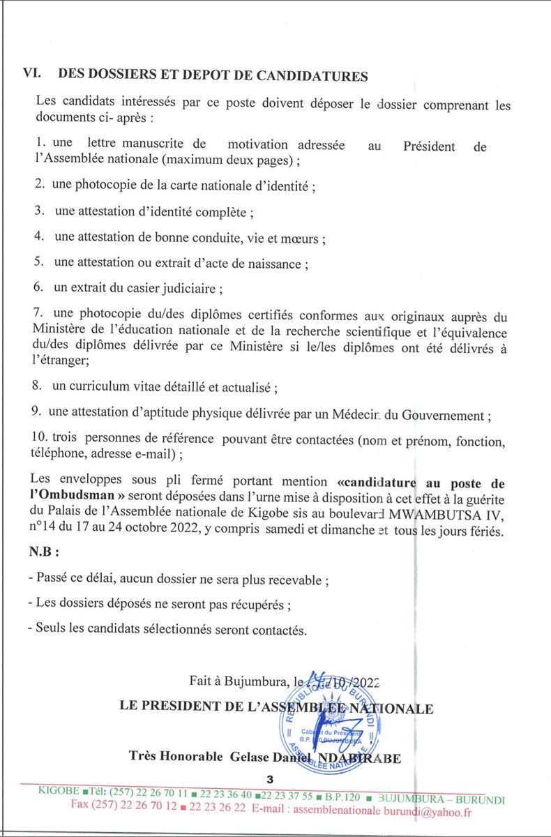 nshingamateka's tweet photo. Conformément à la loi n° 1/04 du 24 janvier 2013 portant révision de la loi n°1/03 du 25 janvier 2010 portant Organisation et Fonctionnement de l'Ombudsman, l'@nshingamateka porte à la connaissance du public qu’il lance un avis d’appel à candidatures au poste de l' @OmbudsmanBI https://t.co/gyqqeAj7S8