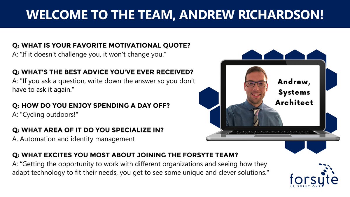 Join us in welcoming our newest member to the Forsyte team, Andrew Richardson! 👋 Andrew joins Forsyte as Systems Architect with a passion for automation and identity management.
 
Welcome, Andrew! #ForsyteIT #newemployee