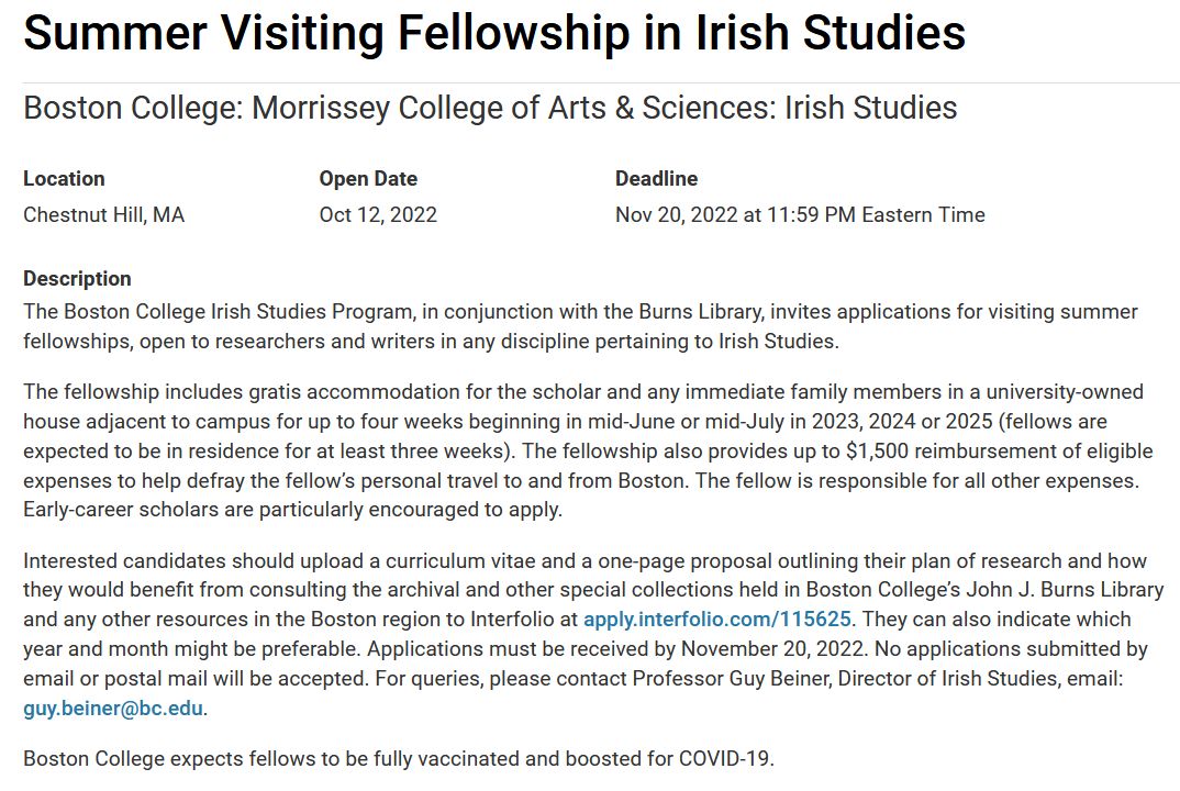 SUMMER VISITING FELLOWSHIP IN IRISH STUDIES
#BCIrishStudies &amp; <a href="/burnslibrary/">Burns Library, Boston College @burnslibrary.bsky.</a> invites applications for visiting summer fellowships in 2023, 2024 or 2025.
Early-career scholars are particularly encouraged to apply.
apply.interfolio.com/115625