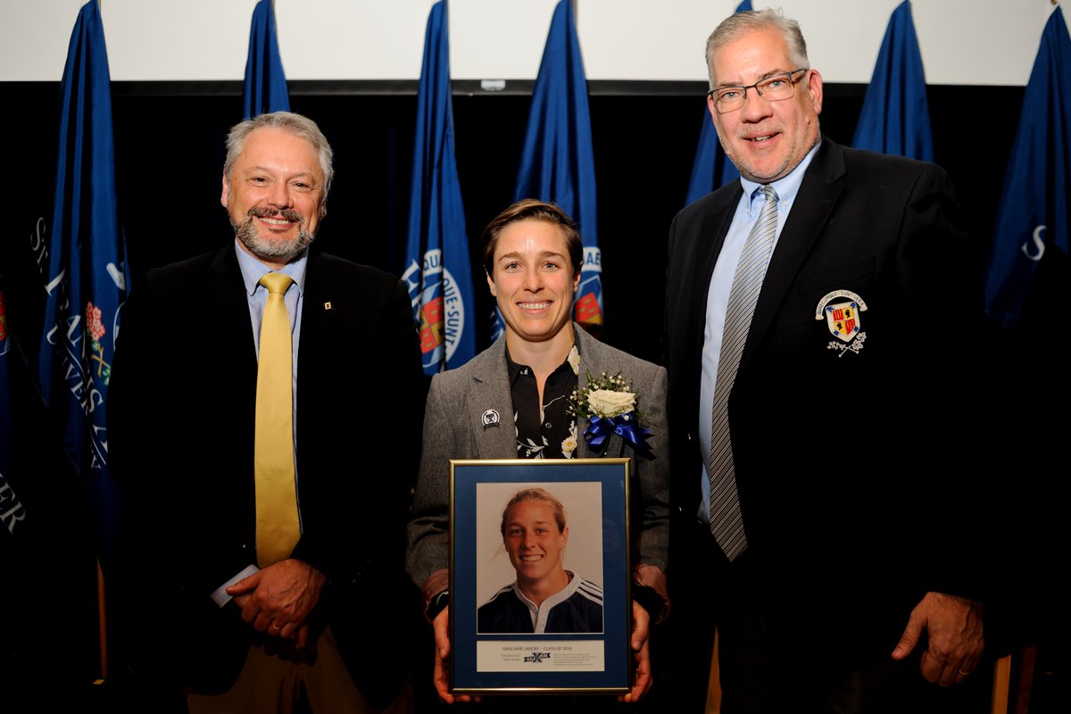 Hall of Fame: STFX President Andy Hakin & AD Leo MacPherson welcome Ghislaine Landry into the STFX Sports Hall of Fame. Ghislaine was an X-Women Rugby phenom from the Class of '10. Congrats Ghislaine! @RugbyCanada