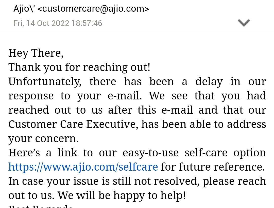 bombayhawk's tweet photo. @AJIOLife one of the most pathetic ecom site &amp; has no support mgmt system. Raised a complaint in their call center who assured delivery is picked up. And their support email team mailing that issue is addressed.

Understand the issue before even reverting.#ajiosucks https://t.co/yGacXTn78v