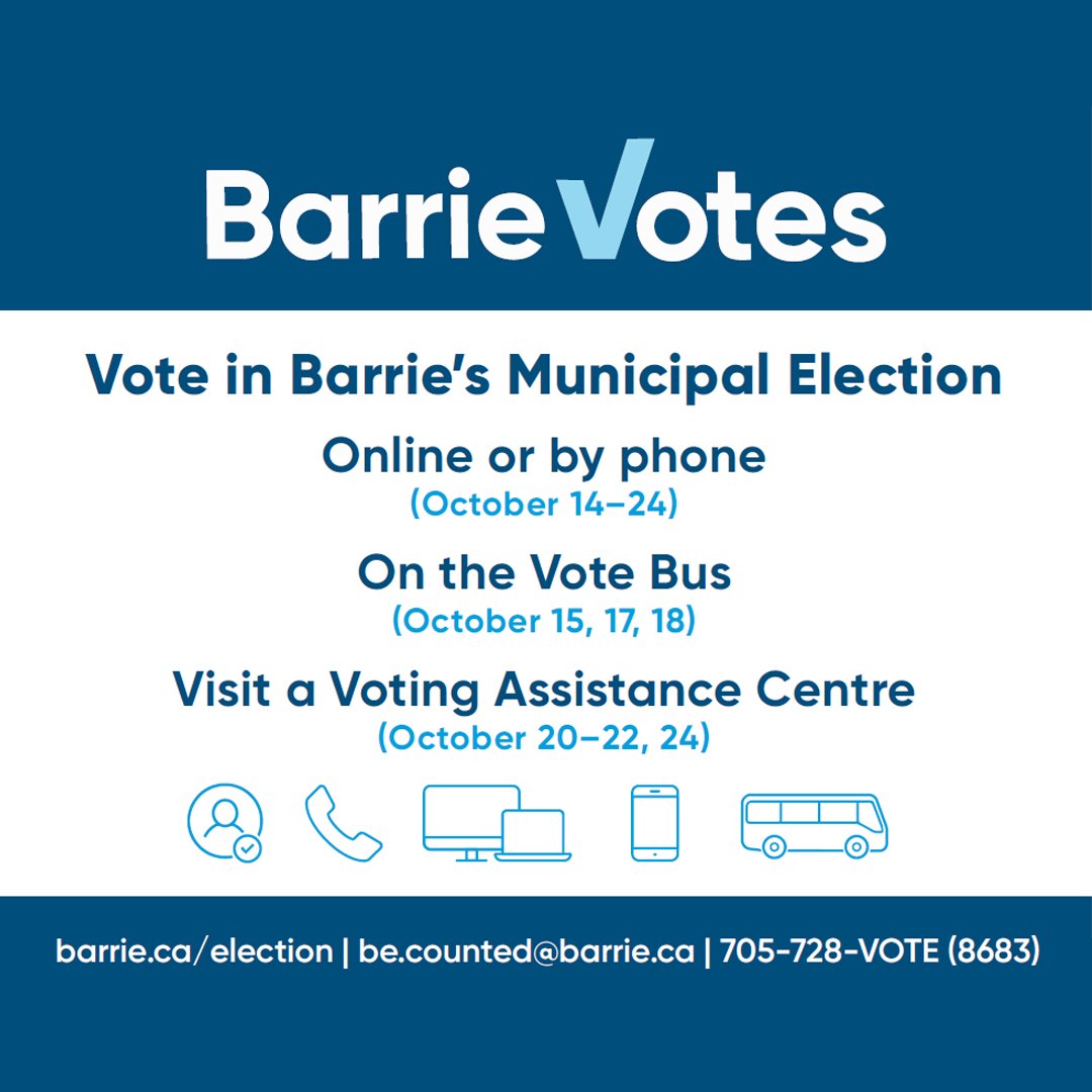 Voting opens at 10am today! Final voting day for the 2022 #BarrieElection is Oct 24. Need some help with voting online or by phone? Visit a Voting Assistance Centre or Vote Bus: barrie.ca/VoterInfo #BarrieVotes