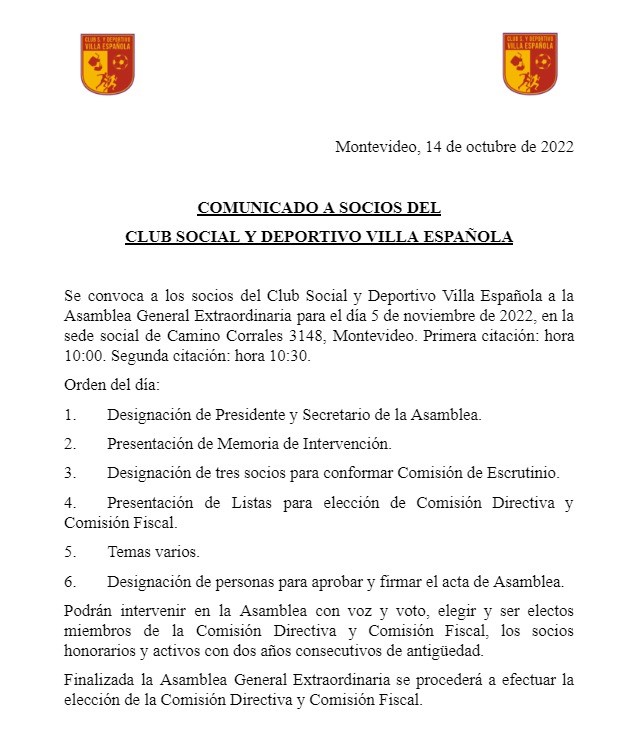 Asamblea General Extraordinaria Elección Comisión Directiva y Comisión Fiscal Comunicado 👇