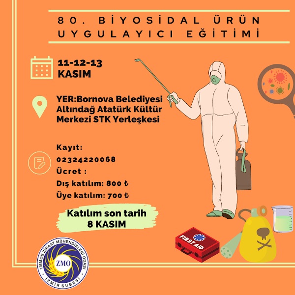 Şubemiz tarafından  80. Biyosidal Ürün Uygulayıcı Eğitimi 11-12-13 Kasım 2022 tarihlerinde düzenlenecektir.
Eğitim ücreti dış katılımcı 800 TL Üye katılımı 700 TL olarak belirlenmiştir. 
Eğitime katılım için 8 kasım tarihine  kadar şubemize başvuru yapılması gerekmektedir.