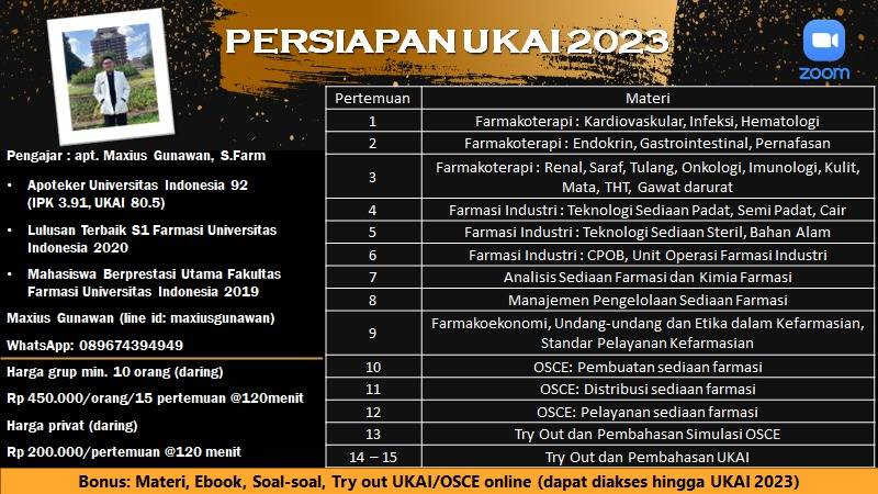 maxiusgunawann's tweet photo. Kelas Persiapan UKAI 2023
Harga grup min 10 orang Rp450.000/orang/15 pertemuan, 120 menit
Harga privat Rp200.000/orang/pertemuan, 120 menit
Info lebih lanjut 👇👇👇

#UKAI #UKAI2023 #OSCE #Apoteker https://t.co/6OXGCUKJUd