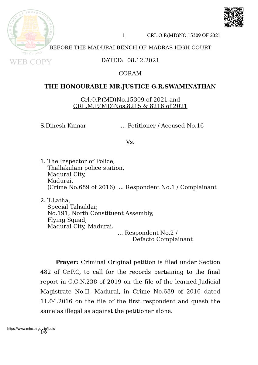 sheiks7007's tweet photo. 1/2
Criminal Original Petition filed under Section 482 Cr.P.C.
praying to direct the respondent/police not to harass the petitioners under
the guise of enquiry pending before the respondent/police. https://t.co/0ekIziOztt