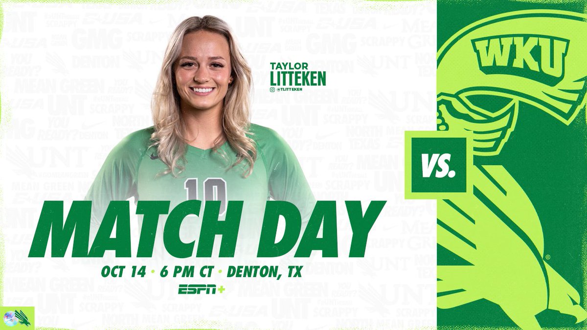 Match Day is the 𝑩𝒆𝒔𝒕 𝑫𝒂𝒚

🆚 No. 23 WKU
📍 North Texas Volleyball Center
⏰ 6 PM CT
📺 ESPN+
💻 northtex.as/3TpwCm3
📊 northtex.as/3g4hRXk
🎟️ northtex.as/3S5DFz0

#GMG 🟢🦅
