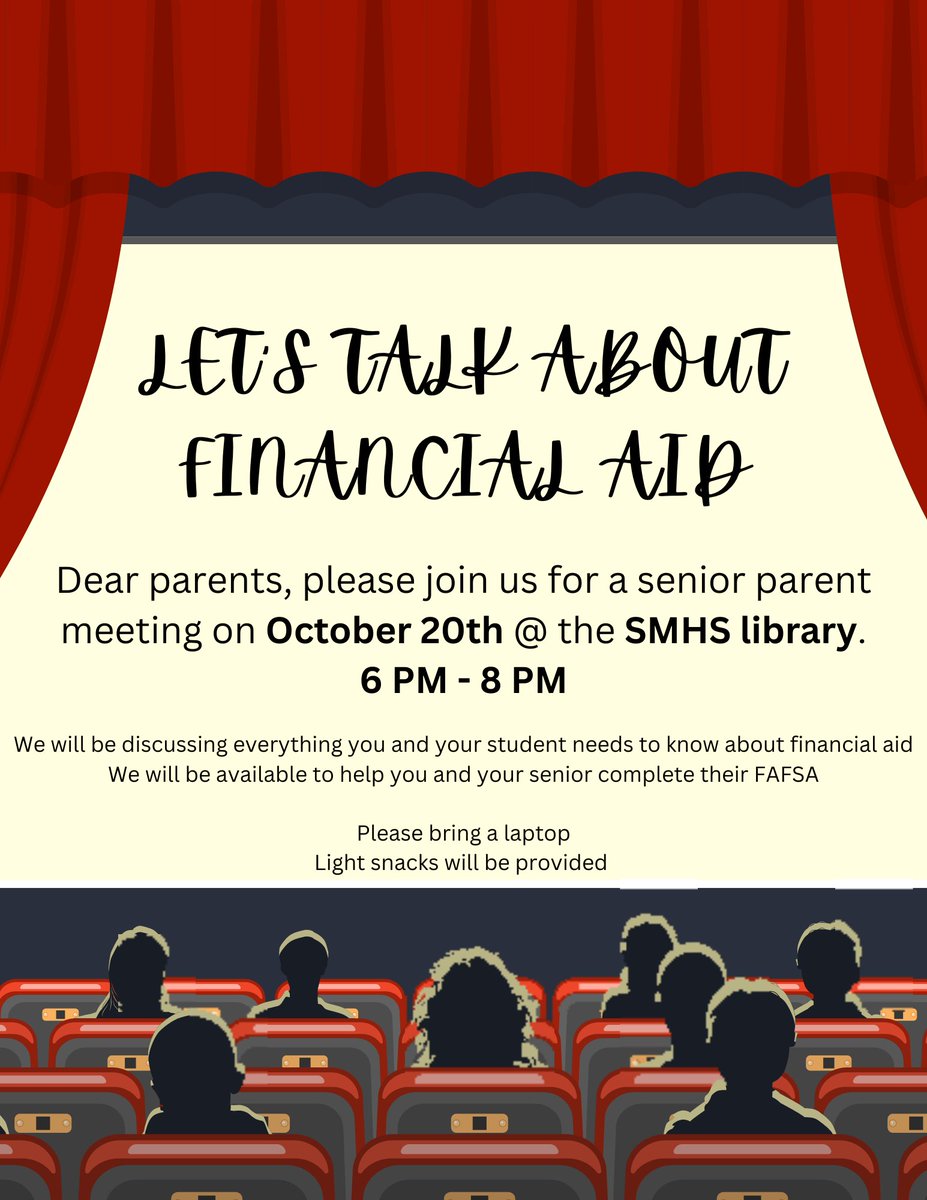 SMHS College & Career Center (@smhs_ccc) on Twitter photo Hello parents!
We will be having a Financial Aid info session on Thursday, October 20th from 6 - 8 PM in the SMHS library. We will also be there to assist you and your senior with their FAFSA so please try to bring them along with their laptop. Hello parents!
We will be having a Financial Aid info session on Thursday, October 20th from 6 - 8 PM in the SMHS library. We will also be there to assist you and your senior with their FAFSA so please try to bring them along with their laptop.