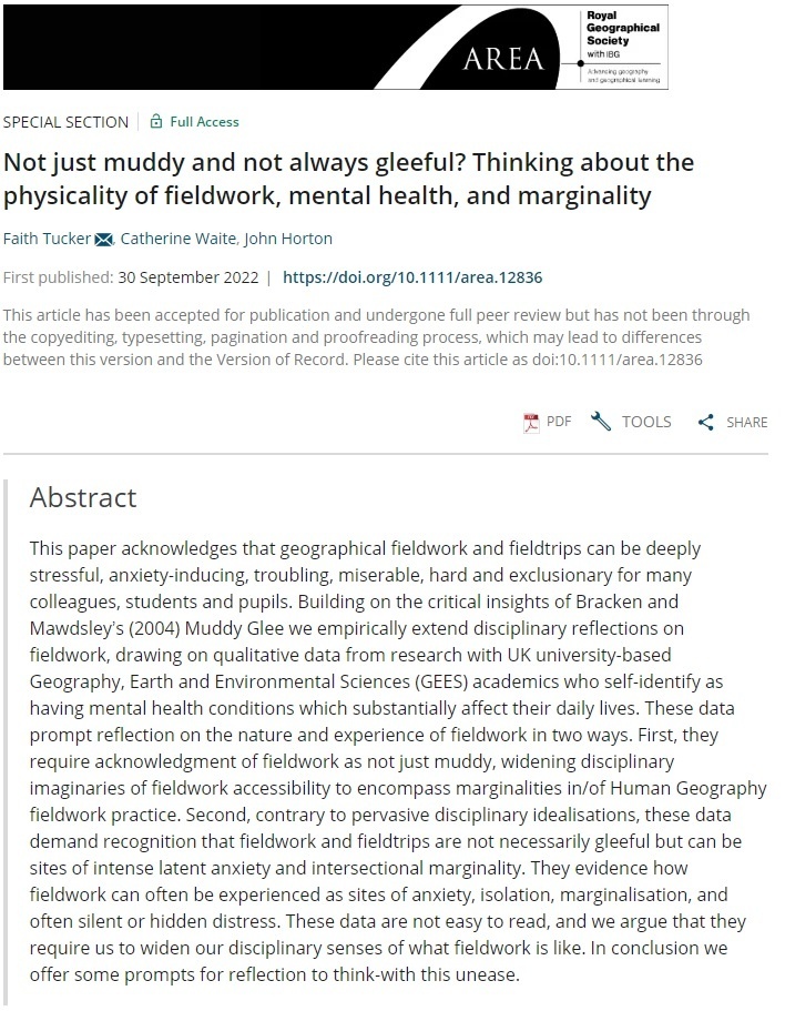 New in #AreaJournal: 'Not just muddy and not always gleeful? Thinking about the physicality of fieldwork, mental health, and marginality' by Faith Tucker, @catherine_waite and @John_Horton_ (@GeogNorthampton). orlo.uk/E24v2