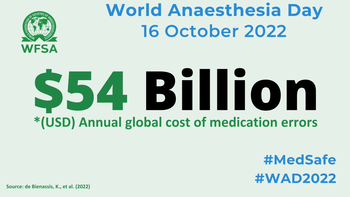 #WAD2022 is on Sunday! It's about time we celebrate #anaesthesia providers' expertise in medication safety. This #WorldAnaesthesiaDay is an opportunity to join your global colleagues in sharing your #MedSafe tips + approaches! #WAD2022 resources here: ow.ly/1Pbx50LabA0