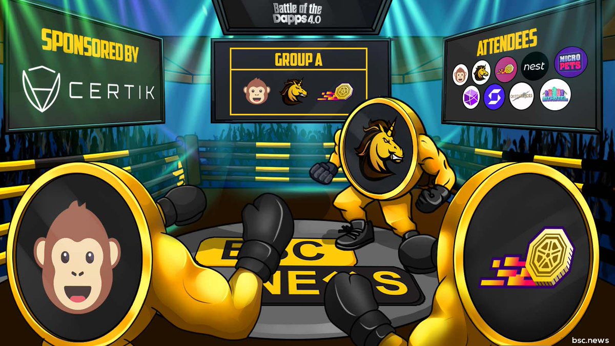 BSCNews's tweet photo. Group A looks ready to rock‘n roll in #BattleofthedApps sponsored by @CertiKCommunity! Only one can advance - who has what it takes? 🤔 

📆 October 19, 7PM UTC
🌐 https://t.co/S4pb4Oi7Jx

@ape_swap @bscstation @coin_racer 
#crypto #CryptoNews #Cryptocurrencies #DeFi https://t.co/RQuY7jPiSd