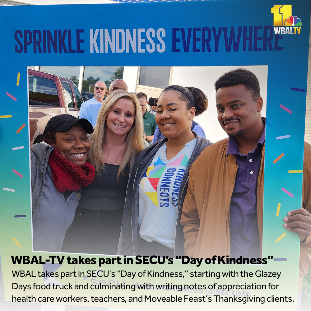 wbaltv11's tweet photo. WBAL takes part in @secuMD's "Day of Kindness," starting with the @days_glazey food truck and culminating with writing notes of appreciation for health care workers, teachers, and @Moveable_Feast's Thanksgiving clients. https://t.co/P2Y0MQn1kn