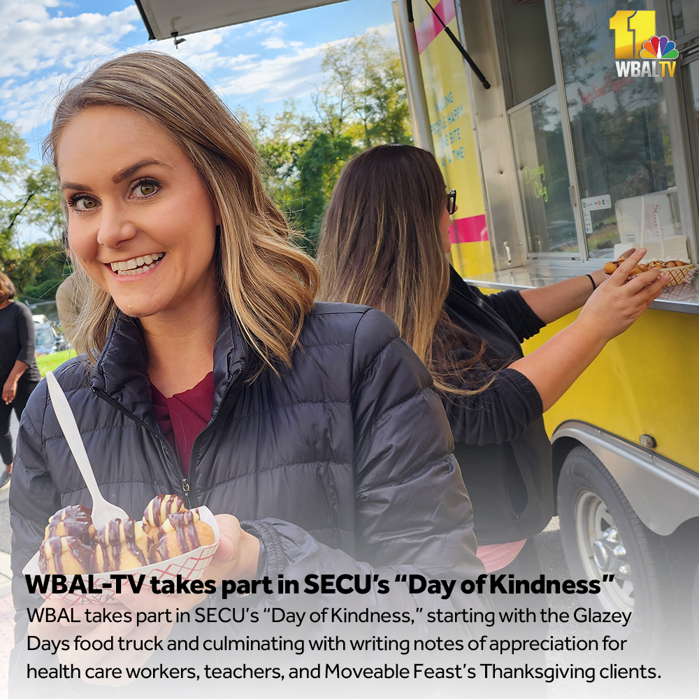 wbaltv11's tweet photo. WBAL takes part in @secuMD's "Day of Kindness," starting with the @days_glazey food truck and culminating with writing notes of appreciation for health care workers, teachers, and @Moveable_Feast's Thanksgiving clients. https://t.co/P2Y0MQn1kn
