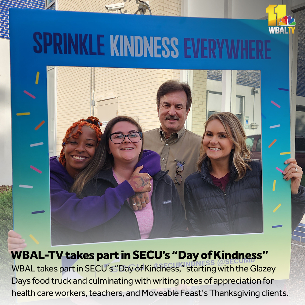 wbaltv11's tweet photo. WBAL takes part in @secuMD's "Day of Kindness," starting with the @days_glazey food truck and culminating with writing notes of appreciation for health care workers, teachers, and @Moveable_Feast's Thanksgiving clients. https://t.co/P2Y0MQn1kn