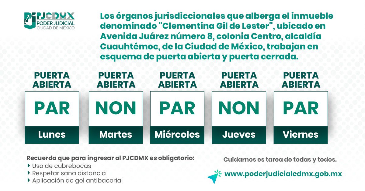 PJCDMX's tweet photo. #Importante

📍Así laborarán ÚNICAMENTE los órganos jurisdiccionales ubicados en Juárez 8. https://t.co/1sl6vNtiwP https://t.co/eq034YGoJb