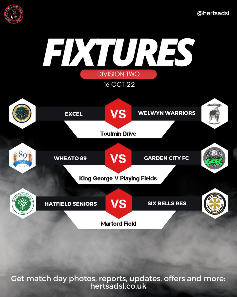 Hertfordshire 1961 Sunday Football League (@herts1961sfl) on Twitter photo β½οΈ Here are your @hertsadsl Division Two for Sunday 16 October 2022:
π <a href="/FC_Excel/">Excel Football Club</a> v <a href="/welwyn_warriors/">Welwyn Warriors FC</a>
π <a href="/HatfieldSeniors/">Hatfield Seniors</a> v <a href="/fcbells6/">Six Bells FC</a> res
π <a href="/Wheato89FC/">Wheathampstead 89 FC</a> v @GardenCityFC1
(hertsadsl.co.uk) β½οΈ Here are your @hertsadsl Division Two for Sunday 16 October 2022:
π <a href="/FC_Excel/">Excel Football Club</a> v <a href="/welwyn_warriors/">Welwyn Warriors FC</a>
π <a href="/HatfieldSeniors/">Hatfield Seniors</a> v <a href="/fcbells6/">Six Bells FC</a> res
π <a href="/Wheato89FC/">Wheathampstead 89 FC</a> v @GardenCityFC1
(hertsadsl.co.uk)
