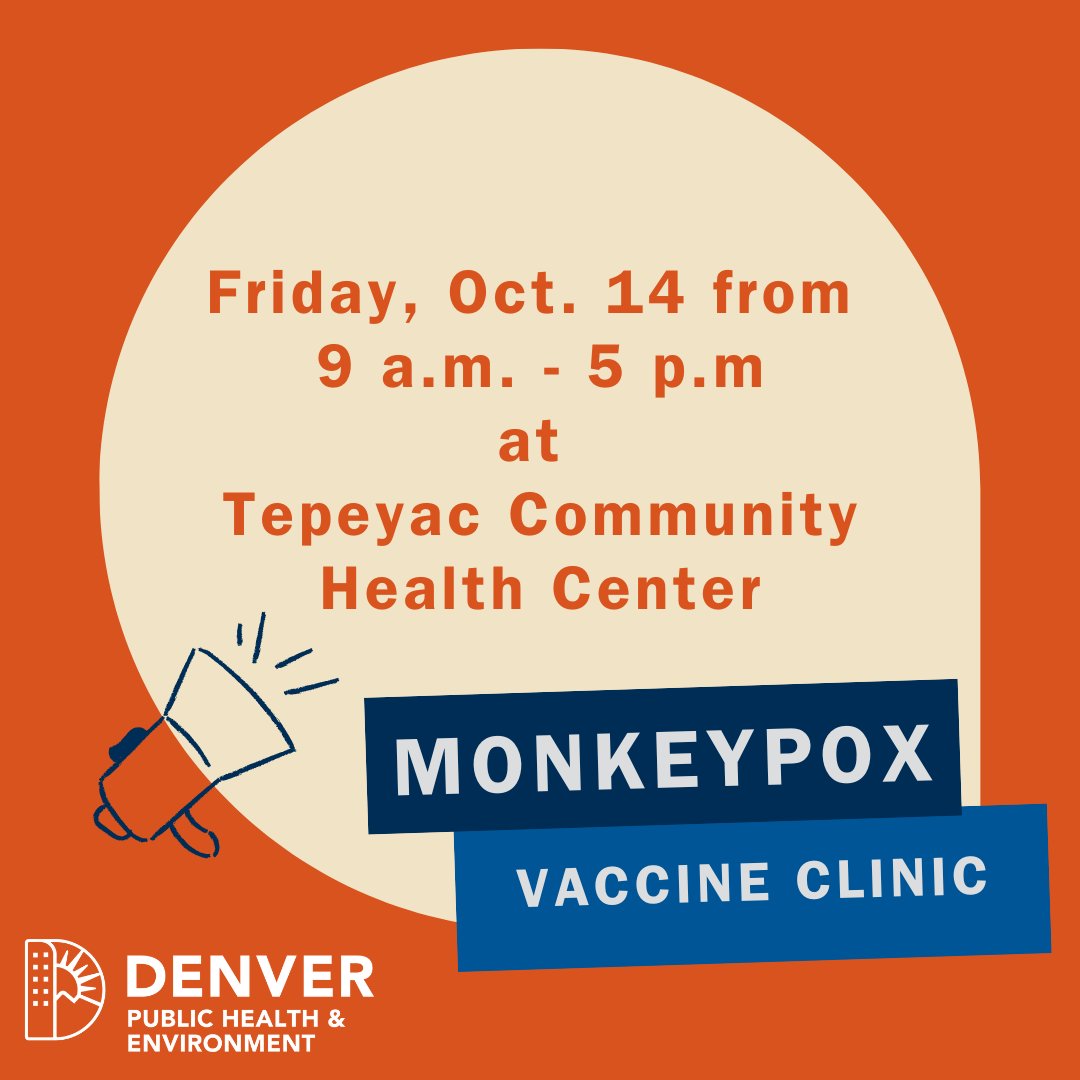 TODAY, a #monkeypox vaccination clinic is taking place at @Tepeyac_Health, 5075 Lincoln St., 80216 from 9am-5pm Book an appointment @ comassvax.org//appointment/e…. Vaccine eligibility @ denvergov.org/Government/Age… #MonkeypoxVirus #MPV #MonkeypoxVaccine #MonkeypoxDenver