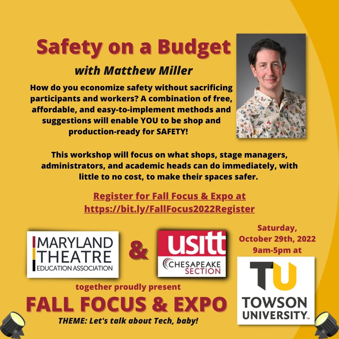 MdTheatreEd's tweet photo. Check out these amazing workshops @ Fall Focus &amp; Expo on October 29th.
FREE for members of either organization
MTEA or USITT Membership $25
Both Orgs Membership $45
USITT Student* Membership $5
Join today @ https://t.co/duIucEQkdG
then register for EXPO at https://t.co/Yg1OfFLl45 https://t.co/fnVbpn9ar7