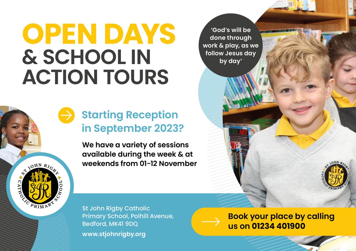 Please do join us in November for our Open Days and School in Action Tours, if you are looking for a Primary school place in Bedford to start in September 2023!

📞Book your place by calling 01234 401900. 

stjohnrigby.org
We look forward to welcoming you. 
#SJRcommunity