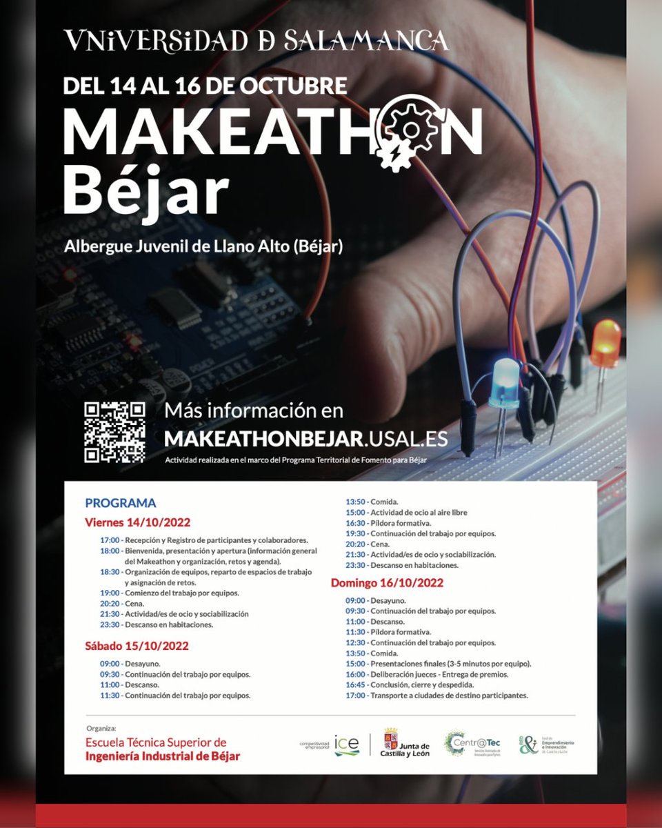 MakeathonBejar's tweet photo. 🚨 ¡El Makeathon de Béjar comienza en una hora!

Recuerda que a las 17:00 h. os recibiremos en el albergue Juvenil de Llano Alto (Béjar) para registrar tanto a participantes como a colaboradores.

¡No bajes la guardia, en Makeathon Béjar todo puede suceder! 😏 https://t.co/znXUuOoDPi