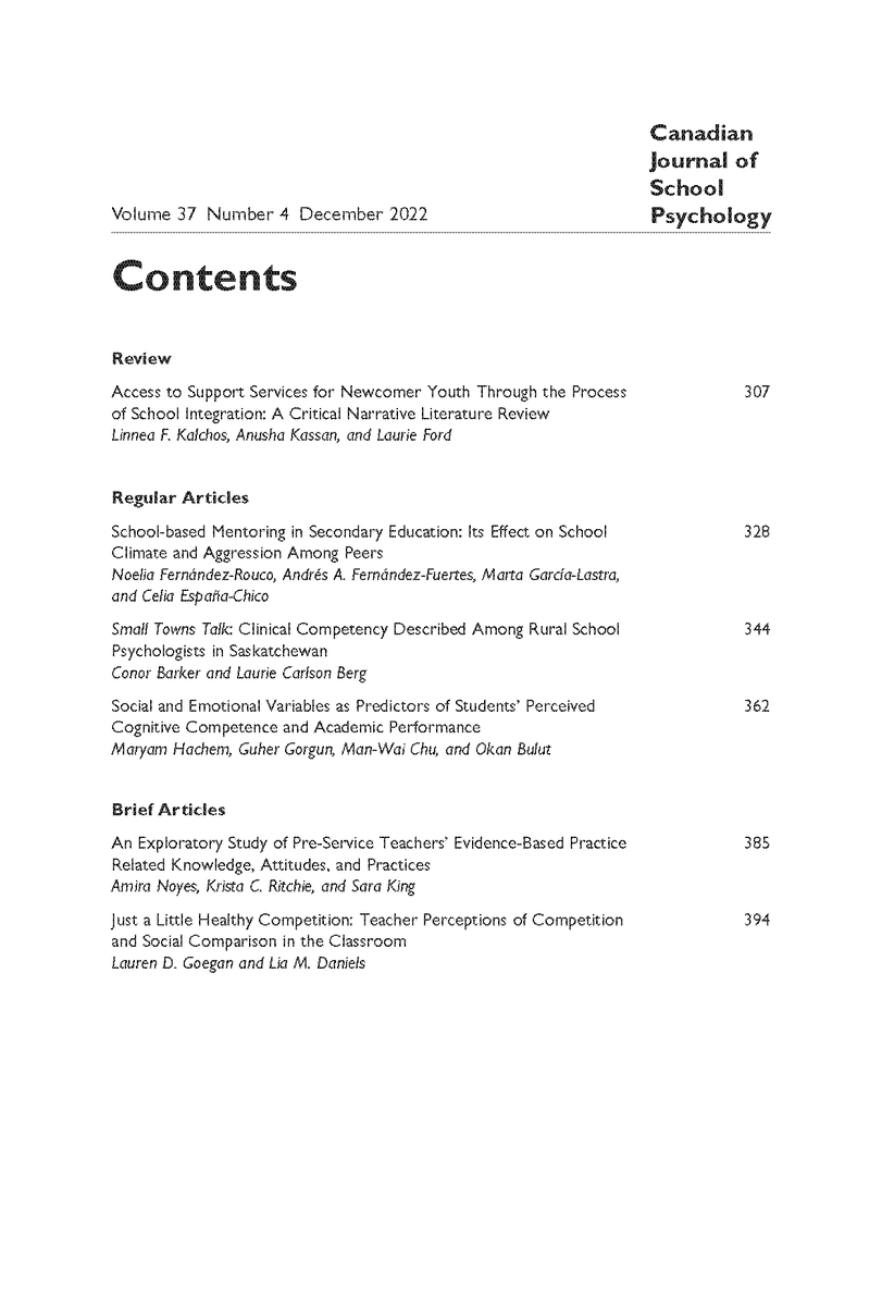 Here is the TOC for the December 2022 issue of the Canadian Journal of School Psychology. Coming soon. journals.sagepub.com/description/CJS
