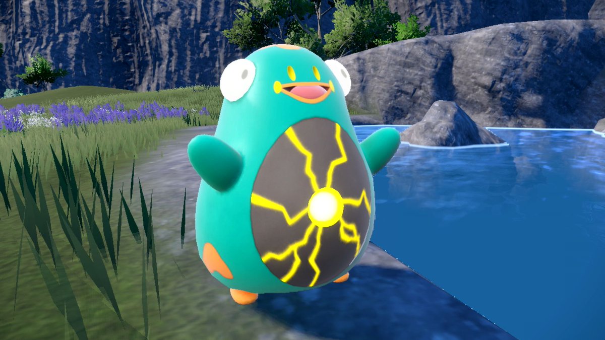 NintendoAmerica's tweet photo. Say hello to the new EleFrog Pokémon, Bellibolt!

Bellibolt expands its elastic body generating electricity in an organ that looks like a belly button. Overall, it's pretty easygoing and won’t notice an opponent until attacked. #PokemonScarletViolet

🐸 ⚡ https://t.co/z7lNKThsDX https://t.co/EUdcQcsUoA