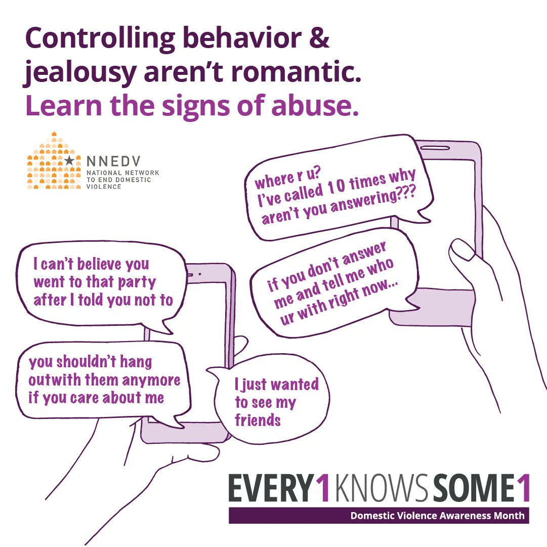 nnedv's tweet image. Controlling behavior and extreme jealousy aren’t romantic. They’re abuse. Here are some signs of controlling behavior that we need to start identifying as abusive behavior: bit.ly/3Ac50Xy  

#Every1KnowsSome1 #DVAM