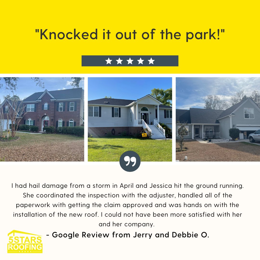Thank you for the 5 star rating, Jerry and Debbie. 🥳

No cost, no obligation roof inspections: 
📞 (843) 300-8400 or 
5starsroofing.com  

#roofing #roofingcontractor #roofingcompany #roofrepair #roofreplacement #remodeling #stormdamage #testimonial #5starsfriday