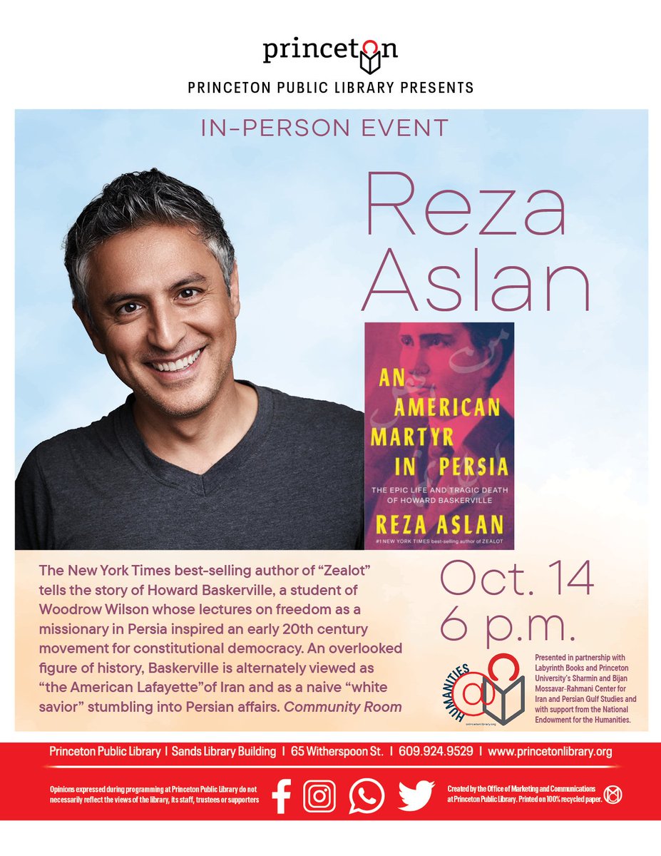 OrlPrinceton's tweet photo. Author Reza Aslan will be speaking about "An American Martyr in Persia" at the Princeton Public Library this evening at 6pm! https://t.co/T0H7DFYCrW