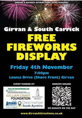 On Friday 4th November, join us for a Free Fireworks Display in Girvan. This family event kicks off at 7pm and promises to be a spectacular display. #LoveDandG #ScotlandStartsHere #fireworks girvanattractions.co.uk/fireworks.php