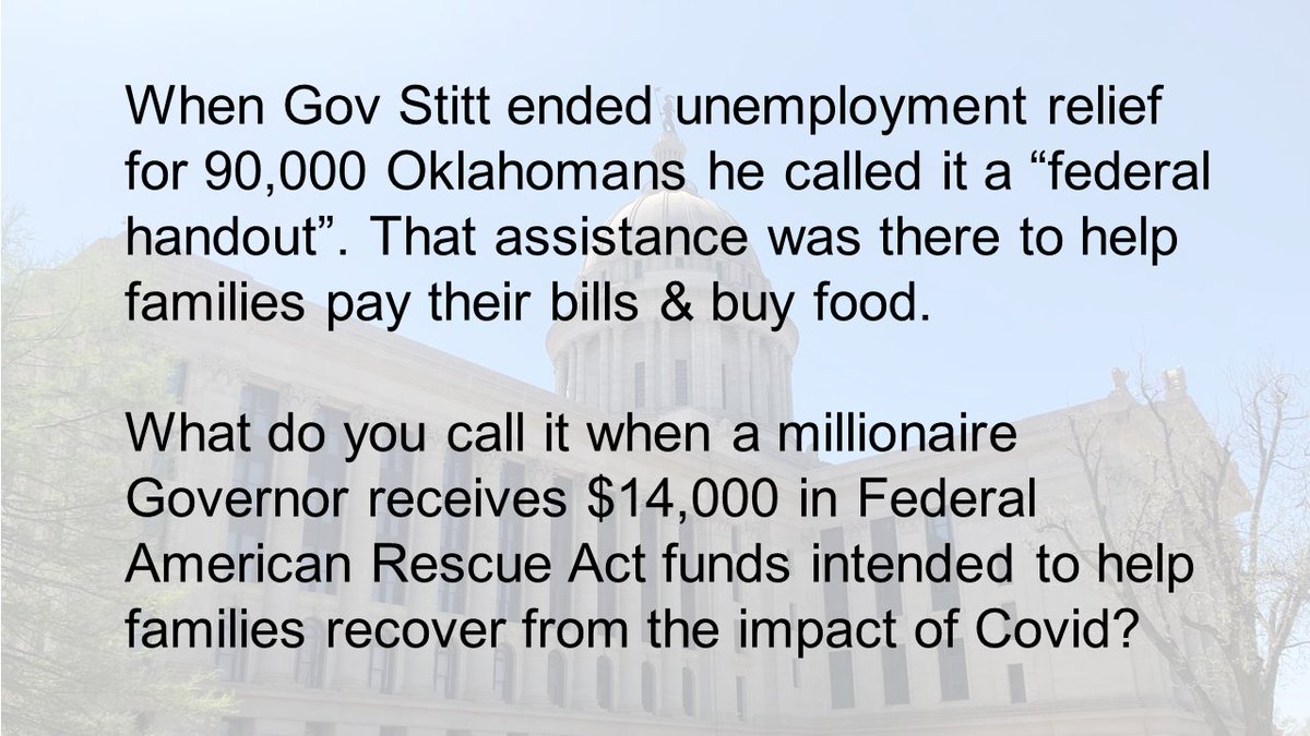 Gov Stitt, last June you ended $300 weekly CARES Act relief to 90,000 unemployed Oklahoma families. Then you used your tribal citizenship to get your family $14,000 in America Rescue Act funds from the Cherokee Nation. Your hypocrisy is beyond understanding. @joy4ok #VoteBlue