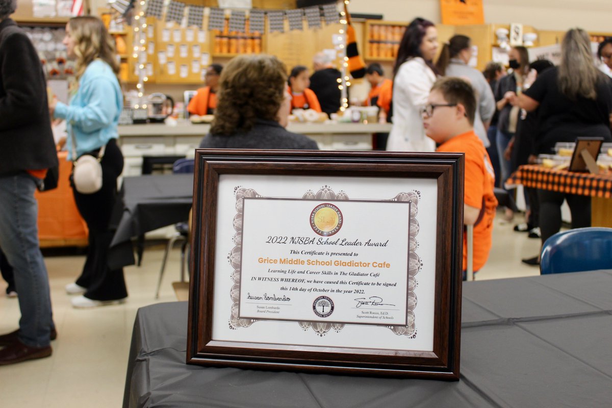 A great way to start my day at the @HTSD_Grice Gladiator Cafe and to recognize the faculty, staff and students for receiving the @njsba 2022 school leadership award. So proud of all who run and work the Gladiator Cafe! #HTSDpride