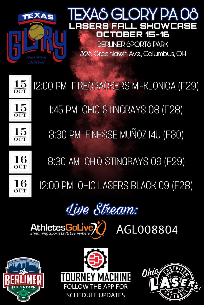 texasglorypa08's tweet photo. We are headed to Berliner in Columbus, OH for the @LaserShowcase this weekend! Watch us live on @AGLSoftball!
Check @TourneyMachine for schedule updates! β€οΈ π€ π #TexasGlory #LasersFallShowcase https://t.co/J8WoyAcZQo
