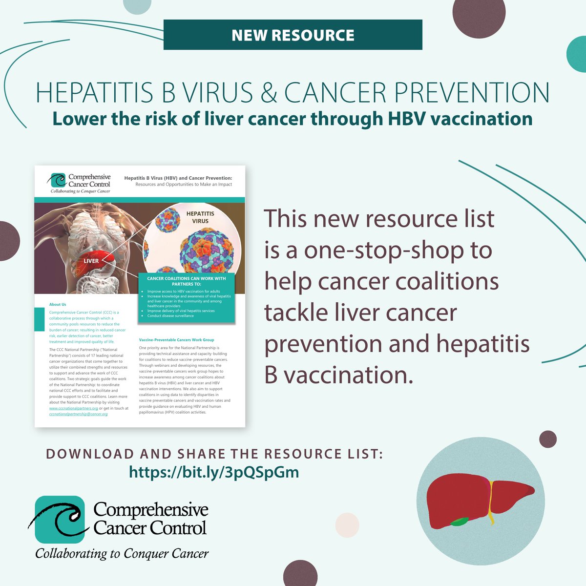 CAHE_AHC's tweet photo. This new resource list is a one-stop shop to help cancer coalitions tackle liver cancer prevention and hepatitis B vaccination. Download and share the resource list: https://t.co/zf84IP5lAy #HBV #DontLetHepBWin #BScreened #NationalLiverAwarenessMonth #livercancer #hepatitisb https://t.co/cJCAxVJXka