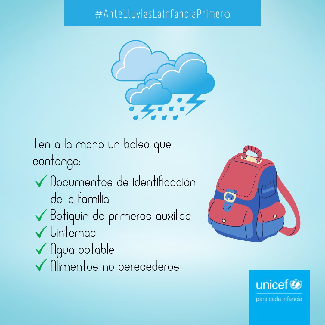 unicefvenezuela's tweet photo. Frente a fuertes precipitaciones ⛈🌧 ten a la mano un bolso que contenga:

📄 Documentos de identificación de la familia.
⛑️ Botiquín de primeros auxilios.
🔦 Linternas.
🚰 Agua potable.
🥫 Alimentos no perecederos.

#AnteLluviasLaInfanciaPrimero https://t.co/Hypvj7KtQl