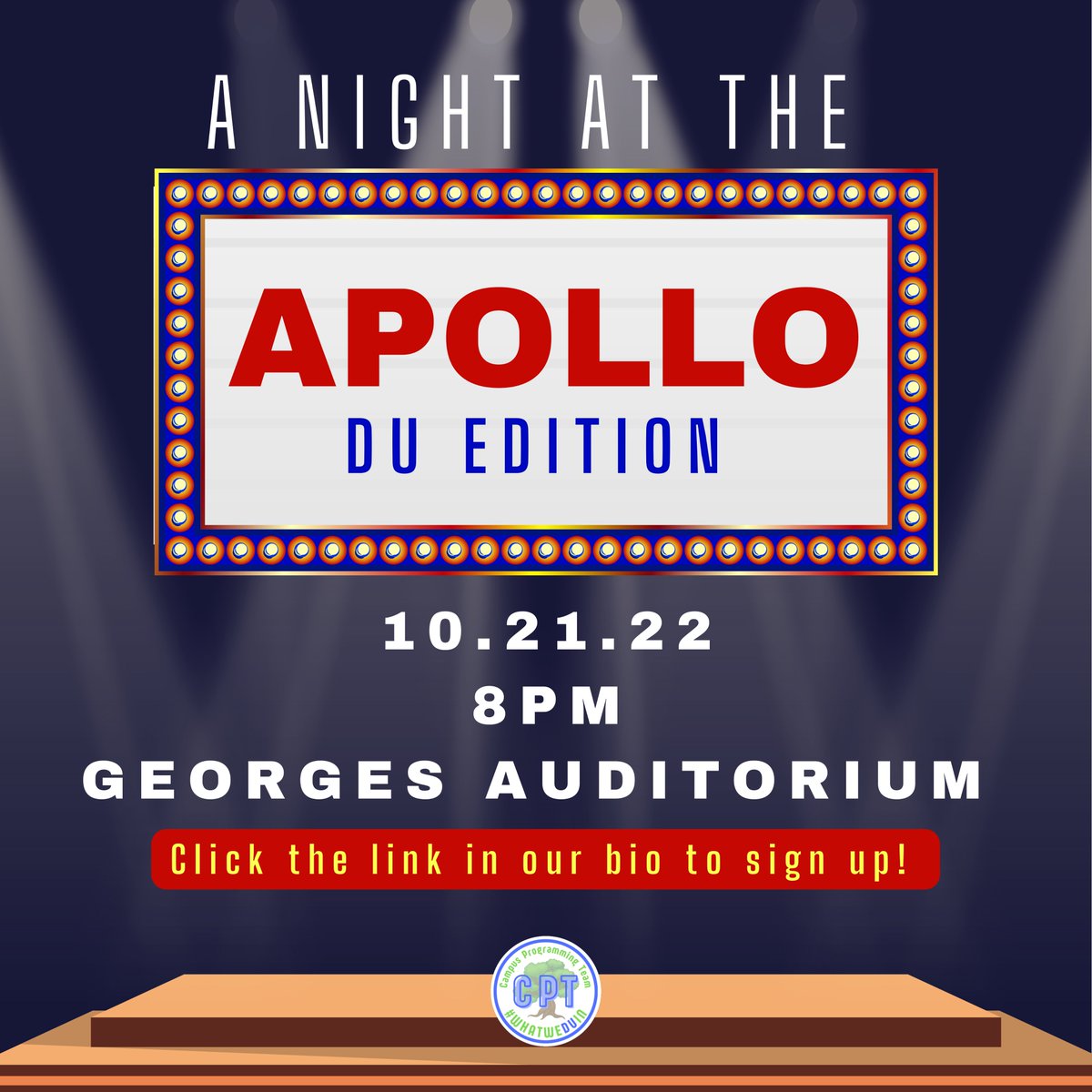 DU! We need YOUR help. Join us on OCT 21, 2022 at 8pm in Georges for A Night At The Apollo: DU Edition, and help us find an OPENING ACT for a ✨special event✨ with some✨special guests✨

Sign up using the link in our bio! Get those voices ready Bleu Devils🤩😈💙
