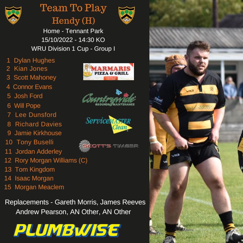 🏉 Team News 🏉 🏉

The 18 men to take on <a href="/yrhendyrfc/">Clwb Rygbi Yr Hendy</a> tomorrow! 

We welcome back <a href="/garmorris/">Gareth Morris</a> after a few years out. It’s great to see him involved again. 

Come along and support the boys in our cup game.  

🗓 15/10/22
📍 SA10 6HU
🏉 Skewen RFC 
⏰ 2.30pm

💛🖤