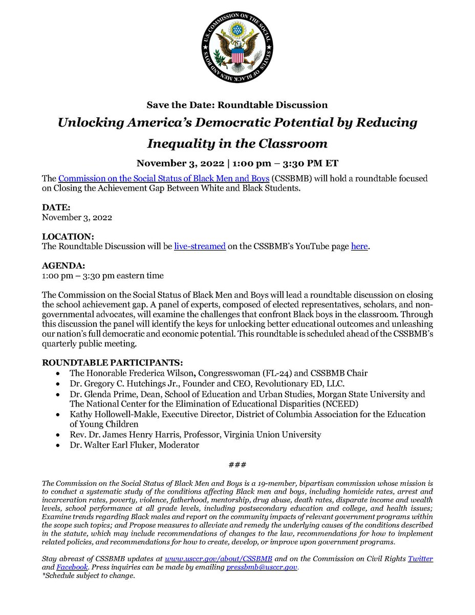 CSSBMB_'s tweet photo. #SaveTheDate: The Commission on the Social Status of Black Men and Boys (@CSSBMB_) is holding a virtual roundtable discussion, Unlocking America’s Democratic Potential by Reducing Inequality in the Classroom.
Join us on November 3, 2022, 1 pm - 3:30 pm ET
#CSSBMB #CSSBMBconnect https://t.co/BEKS6W7Hpx