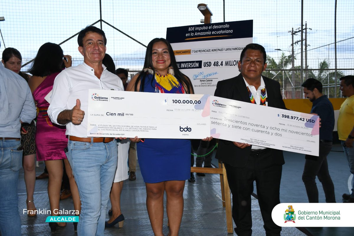 La Secretaría Técnica de la Amazonía entregó 100.000 USD al GAD de Río Blanco y 398.977 para el GAD de Cuchaentza para proyectos de agua potable, alcantarillado, vialidad y turismo.
Estos proyectos son aprobados por el Consejo de Planificación y Desarrollo de la Amazonía.