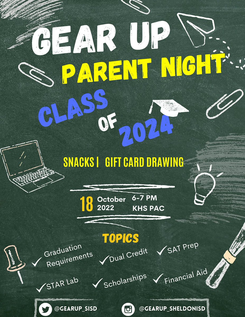 GEAR UP is having a parent information night for all Juniors on Tuesday, October 18th from 6-7pm in the KHS Performing Arts Center. Come by to hear about graduation requirements, San Jacinto dual credit, SAT prep &amp; more. <a href="/SheldonISD/">Sheldon ISD</a> <a href="/ECHS_SheldonISD/">Sheldon ECHS</a>