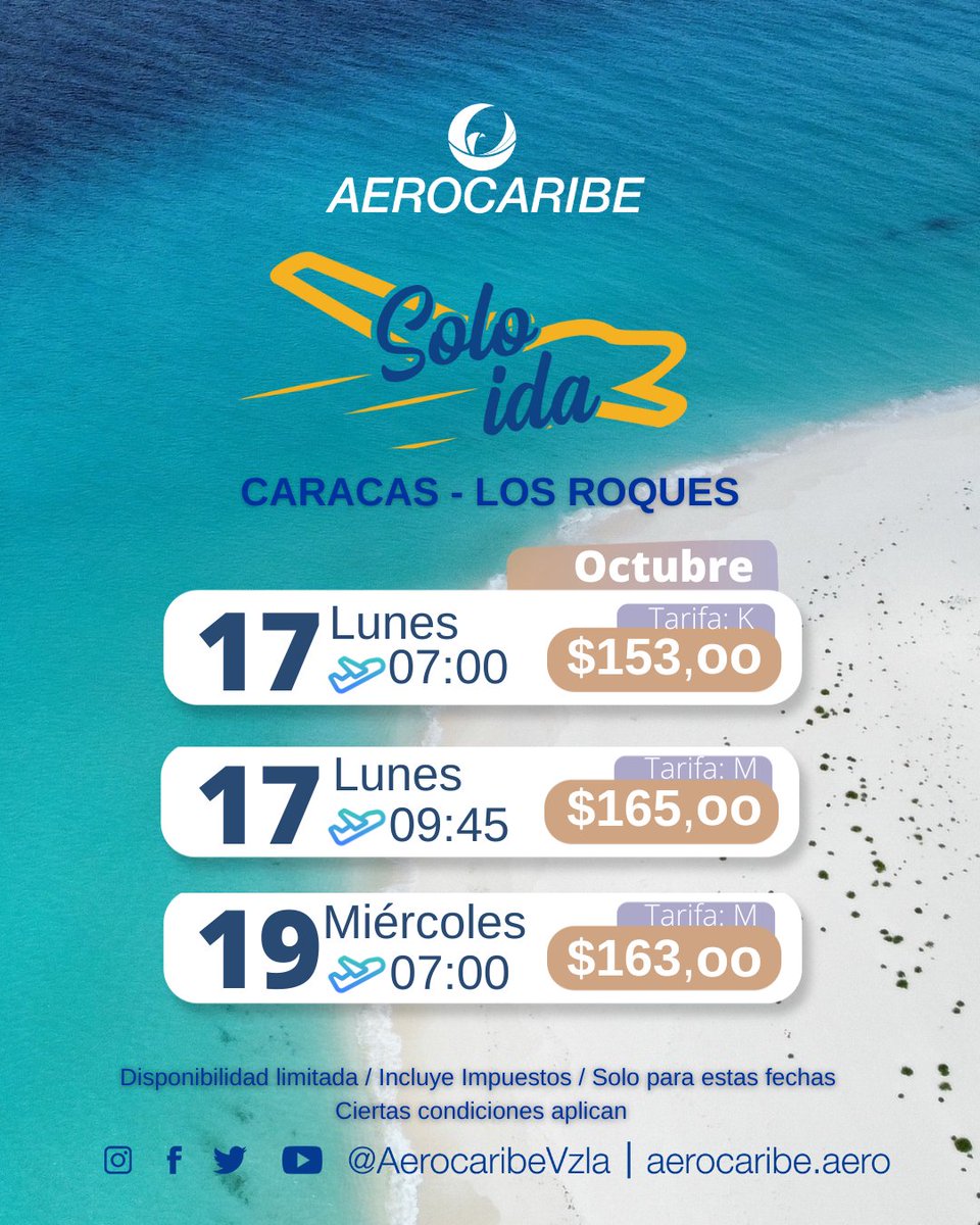 aerocaribevzla's tweet photo. Vuela a Los Roques con nuestra #Promo #SoloIda 😍🛫🏝️ https://t.co/qoH0Tv06Mq