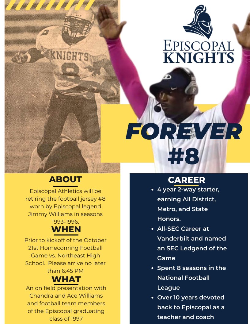 Get to Homecoming early next week, as we look to honor Jimmy Williams through retiring his football jersey, #8! <a href="/EHSBRAthletics/">Episcopal Athletics</a> <a href="/EpiscopalBR/">Episcopal</a> <a href="/EHSBRAlumni/">EHSBRalumni</a> <a href="/KnightsFanClub/">Knights Fan Club</a> #ArmorUp #JyammIAm #Forever8