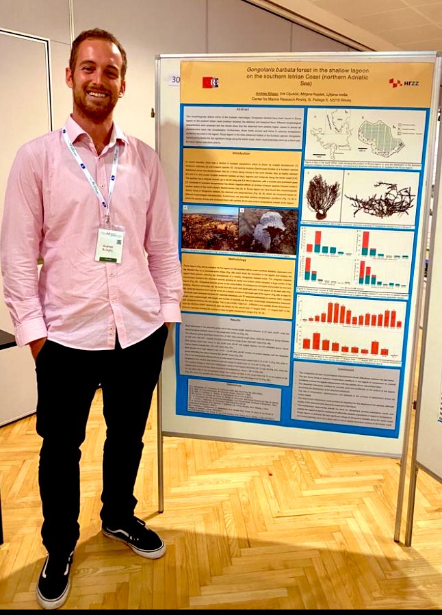 FucaleanForests's tweet photo. PhD candidates Edi Gljušćić and Andrea Bilajac present their posters on west Istrian Fucalean forests at 14. Hrvastski biološki kongres in Pula 🌱 #14HBK #seaweed #scicomm https://t.co/jVqwLJooef
