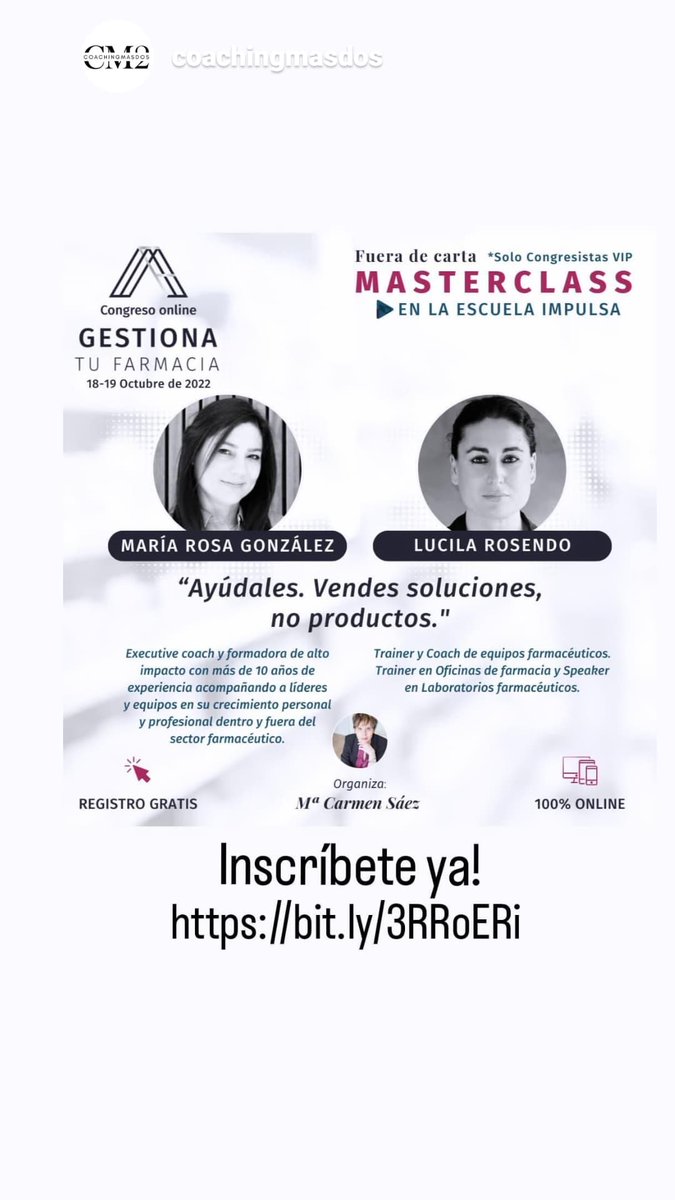 CoachingMasDos's tweet photo. No te pierdas el Congreso online 2022 deGestiona tu farmacia.
Inscríbete ya, todavía estás a tiempo de participar.
👇
https://t.co/5hqYfOOFVk https://t.co/5kpgV3dzV9