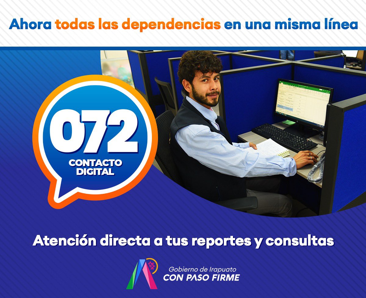 Gobierno de Irapuato (@irapuatogob) on Twitter photo 2022-10-14 14:18:52 ☝🏻 Ahora todos tus reportes y dudas en una sola línea, 072 es nuestro #ContactoDigital. También puedes escribirnos al 📲 4621257662 las 24 horas del día. Queremos escucharte y atenderte, no te quedes atrás. #ConPasoFirme ☝🏻 Ahora todos tus reportes y dudas en una sola línea, 072 es nuestro #ContactoDigital. También puedes escribirnos al 📲 4621257662 las 24 horas del día. Queremos escucharte y atenderte, no te quedes atrás. #ConPasoFirme